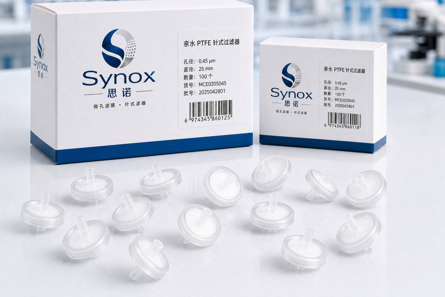 有机系 · 亲水 PTFE — Synox 思诺产品包装与实物展示